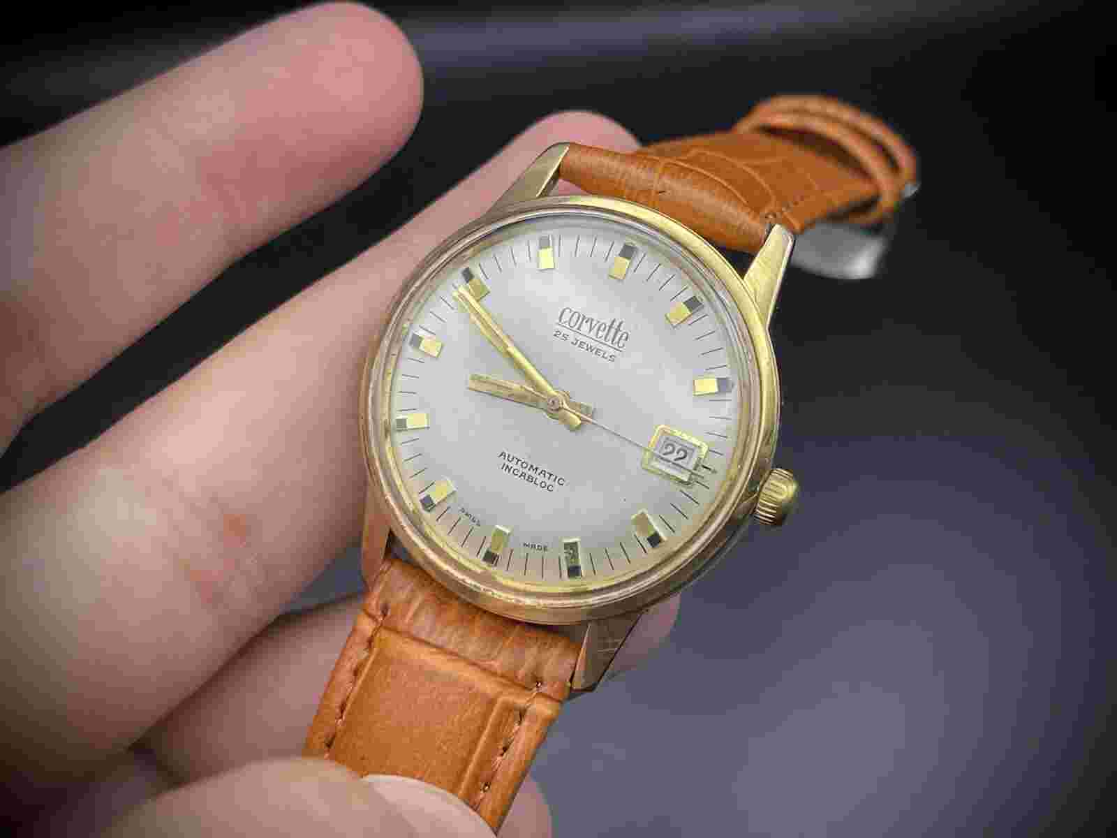 Vintage Watch Corvette 34mm Slim Automatic Mens Watch, NOS, Swiss , ETA 2472
