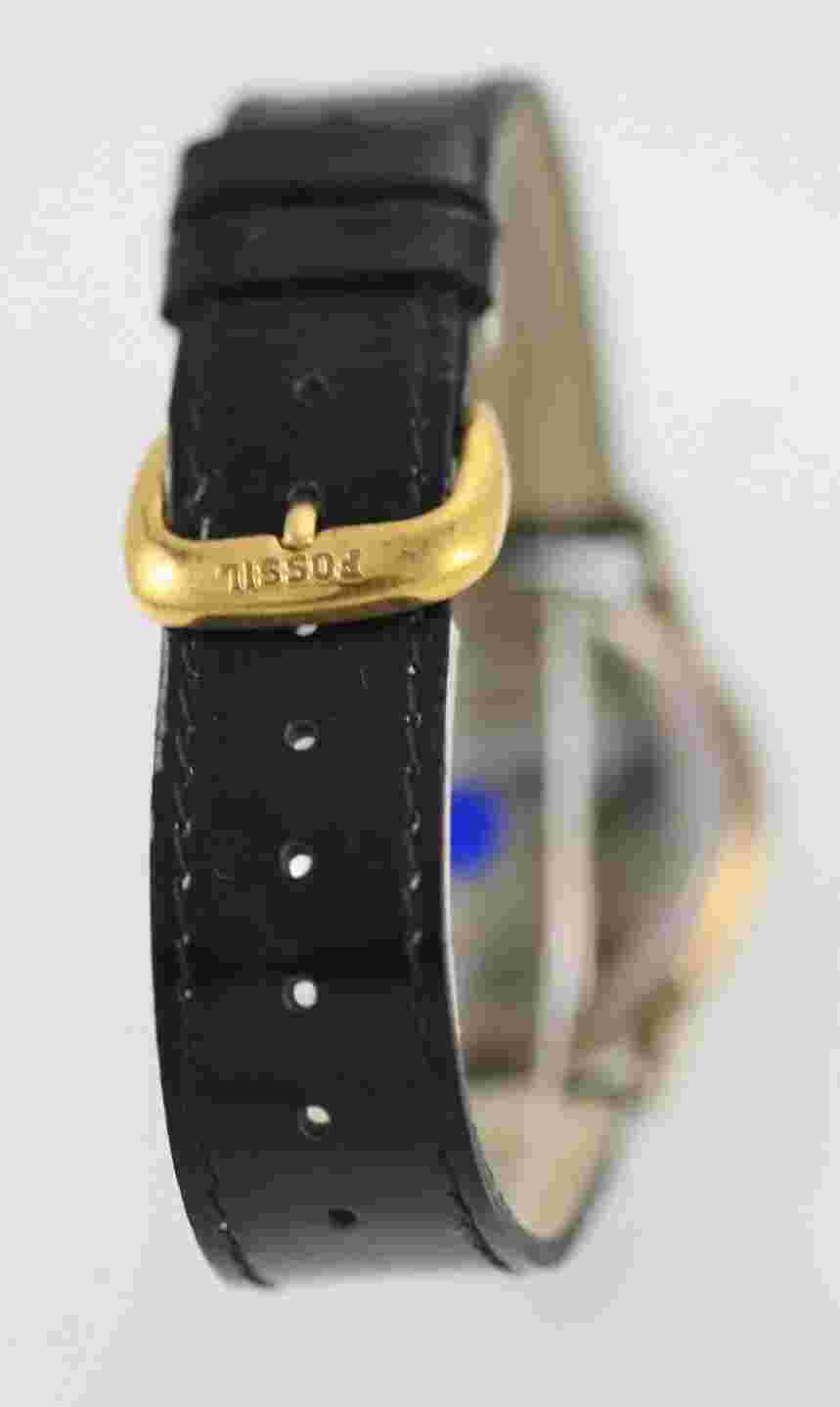 Fossil Watch Men Stainless Gold Black Leather 24hr 30m Water Resist White Quartz