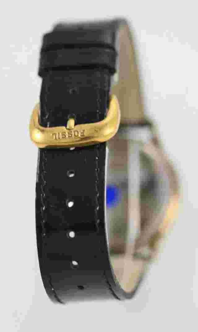 Fossil Watch Men Stainless Gold Black Leather 24hr 30m Water Resist White Quartz