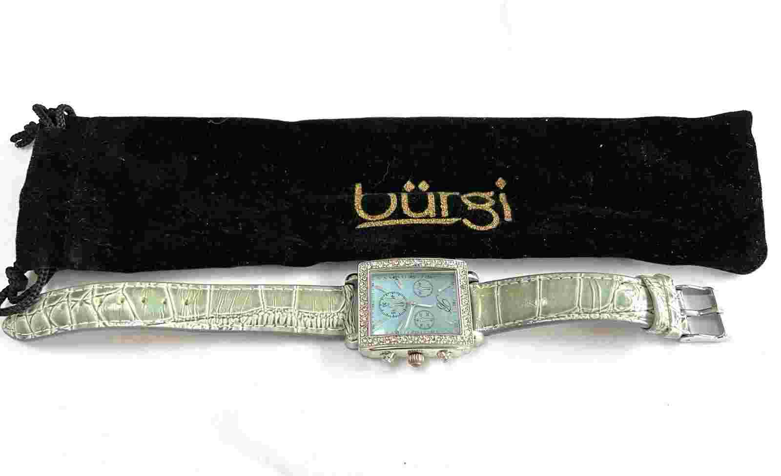 Elegant Bürgi Silver-tone Women's Quartz Watch w/green Leather Strap & Crystals
