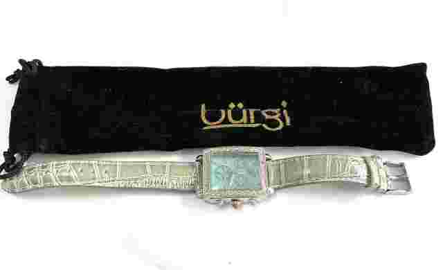 Elegant Bürgi Silver-tone Women's Quartz Watch w/green Leather Strap & Crystals