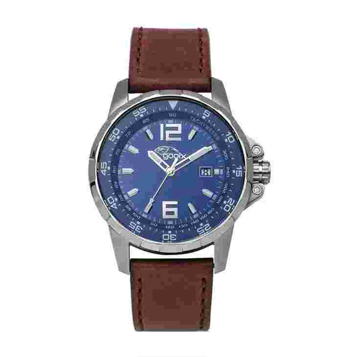 gooix Chrono Man Watch Hua-05879 Silver Steel Case Brown Leather Strap With Date