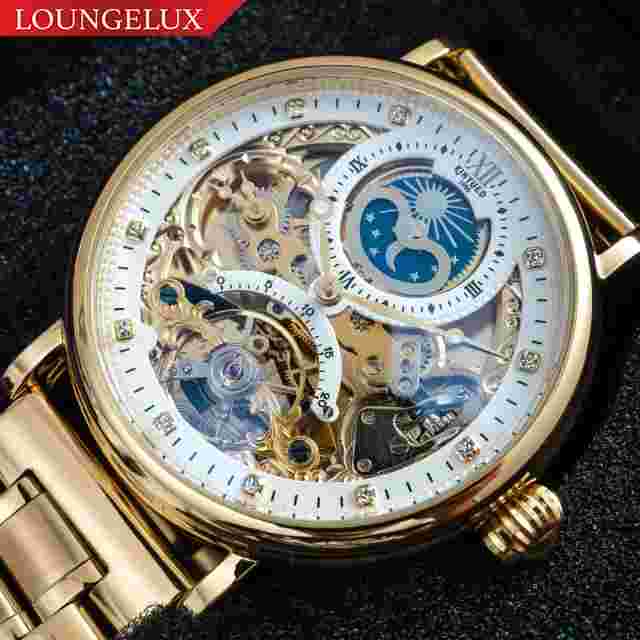 Mens Gold Dual Time Flywheel Automatic Mechanical Watch Stainless Steel Strap