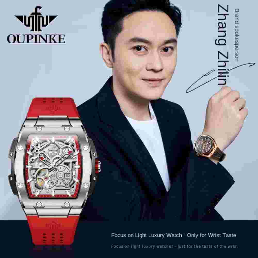 Men's High-End Brand See-through Tonneau Mechanical Watch Big Watch