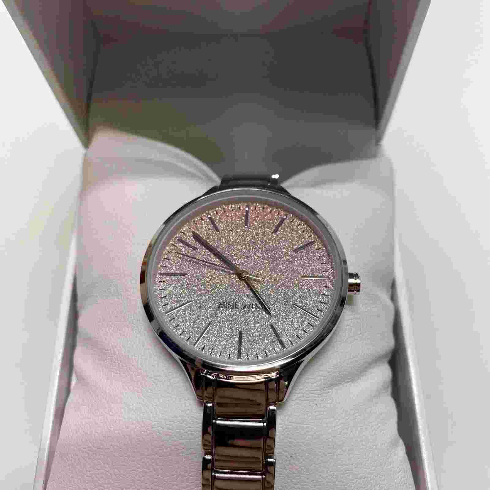 New NINE WEST Glitter Ombre Dial Open Bracelet Women's Watch Silver NW/23370MSV