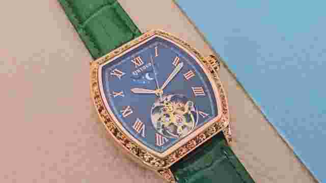 Automatic Retro Tonneau Skeleton Mechanical Watch Rose Gold Black Green Leather