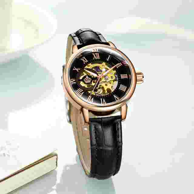 Fashion Women's Skeleton Analog Mechanical Wristwatch Faux Leather Black