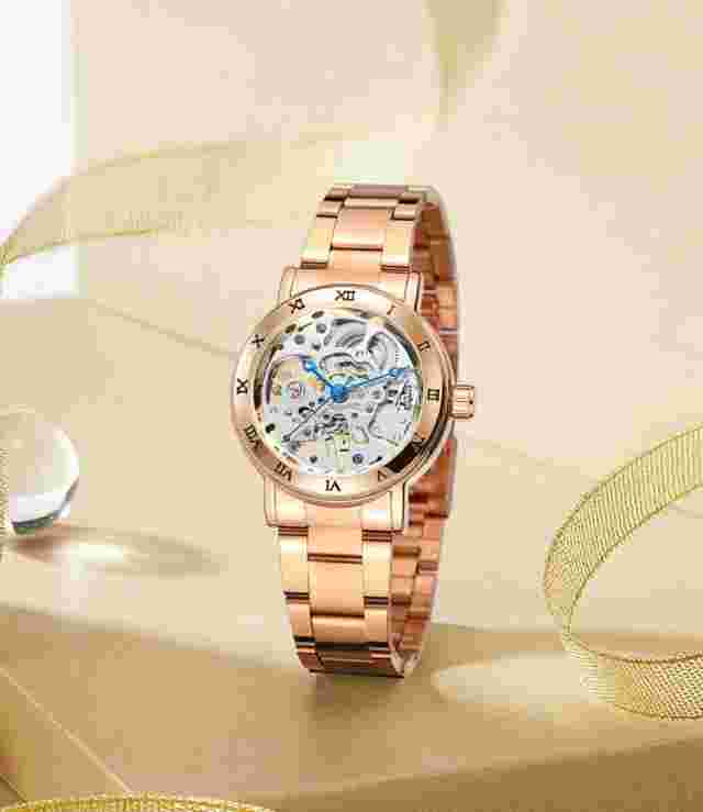 Mechanical Watch Women's Gear Roman Hollow Out Hand-Wind Rose-Gold Wristwatches