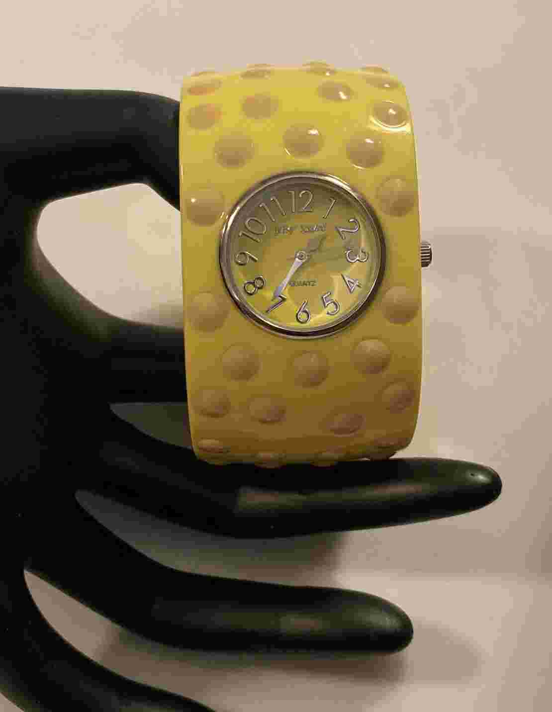 Betsey Johnson Yellow Polka Dot Watch Hinge Lucite Bangle Working Glam Watch