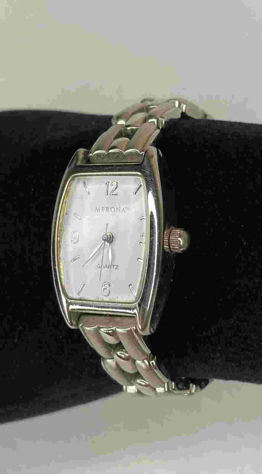 Ladies Watch MERONA 6” Silver Vintage Wristwatch Analog Silver Dial Metal band