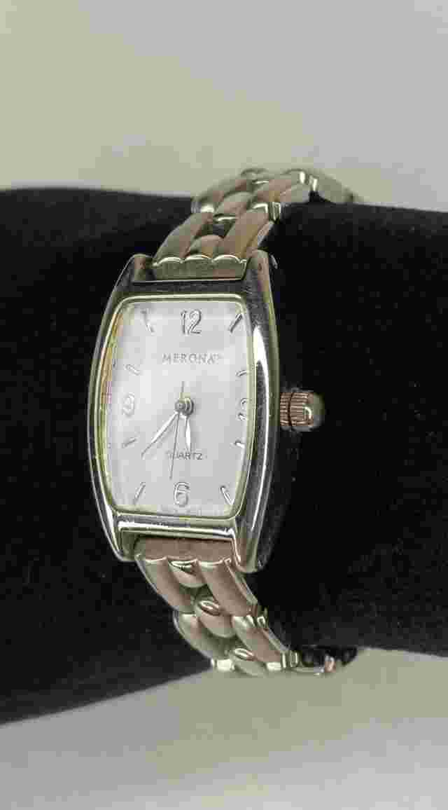 Ladies Watch MERONA 6” Silver Vintage Wristwatch Analog Silver Dial Metal band