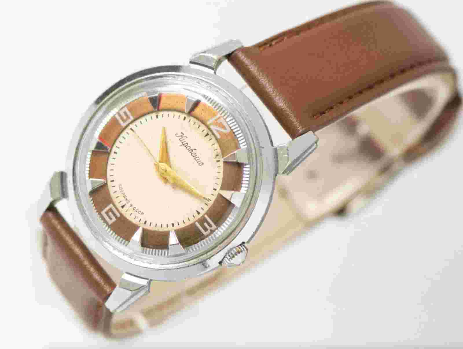 Men's wristwatch Kirovskie brown pattern dial mid century unisex timepiece gift