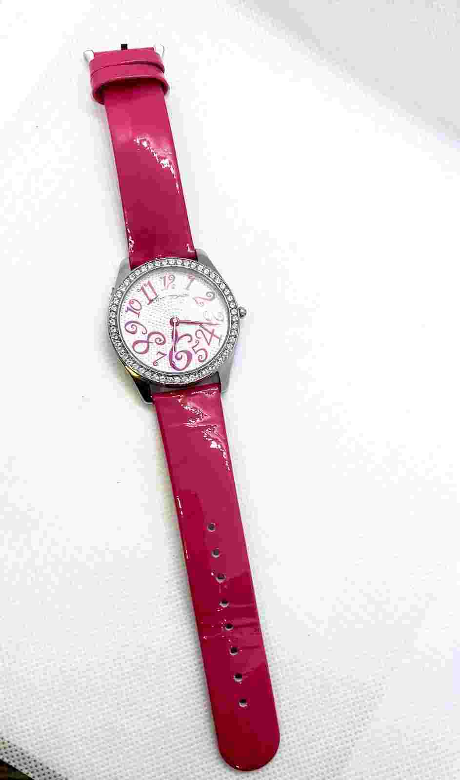 Betsey Johnson Watch Hot Pink Leather Band  Rhinestone & Heart Accented Face