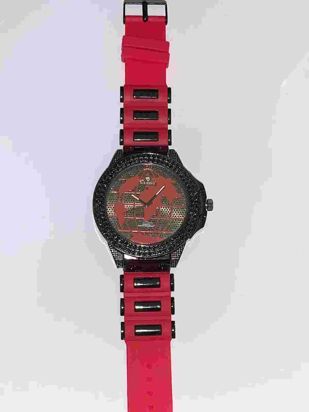 Ice King Mens Fashion Watch. Globe Design. Red Silicone Band. New Battery.