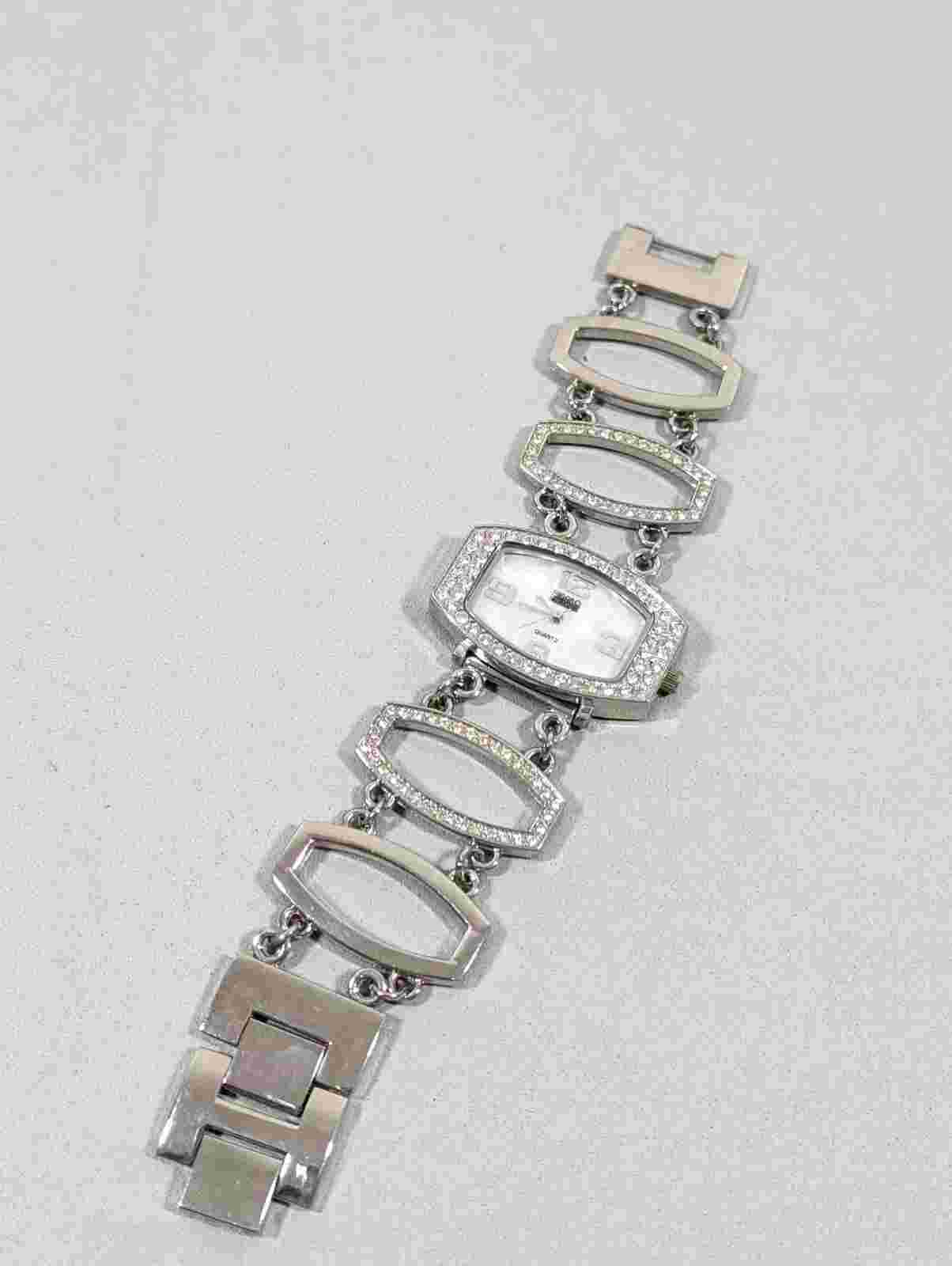 Figaro Milano Rhinestone Tennis Bracelet Watch Statement Bold Silver Tone 7 inch