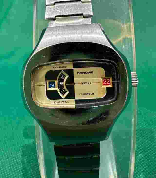 Vintage Antichoc Hanowa Watch Swiss Made 17 Jewels Digital Men's Space Age Disk