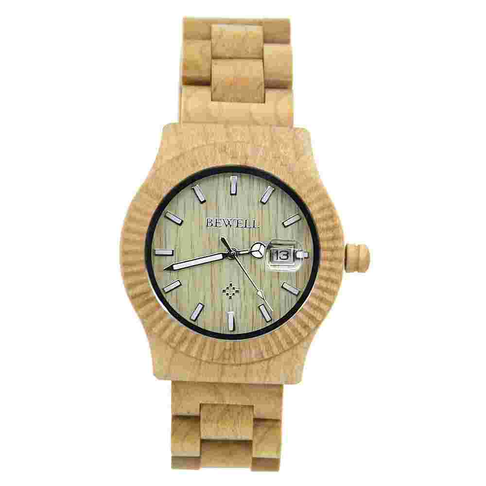 Bewell Men's Wooden Watch Maple Wood 41MM Case Japan MOVT 30M WR Date Indicator