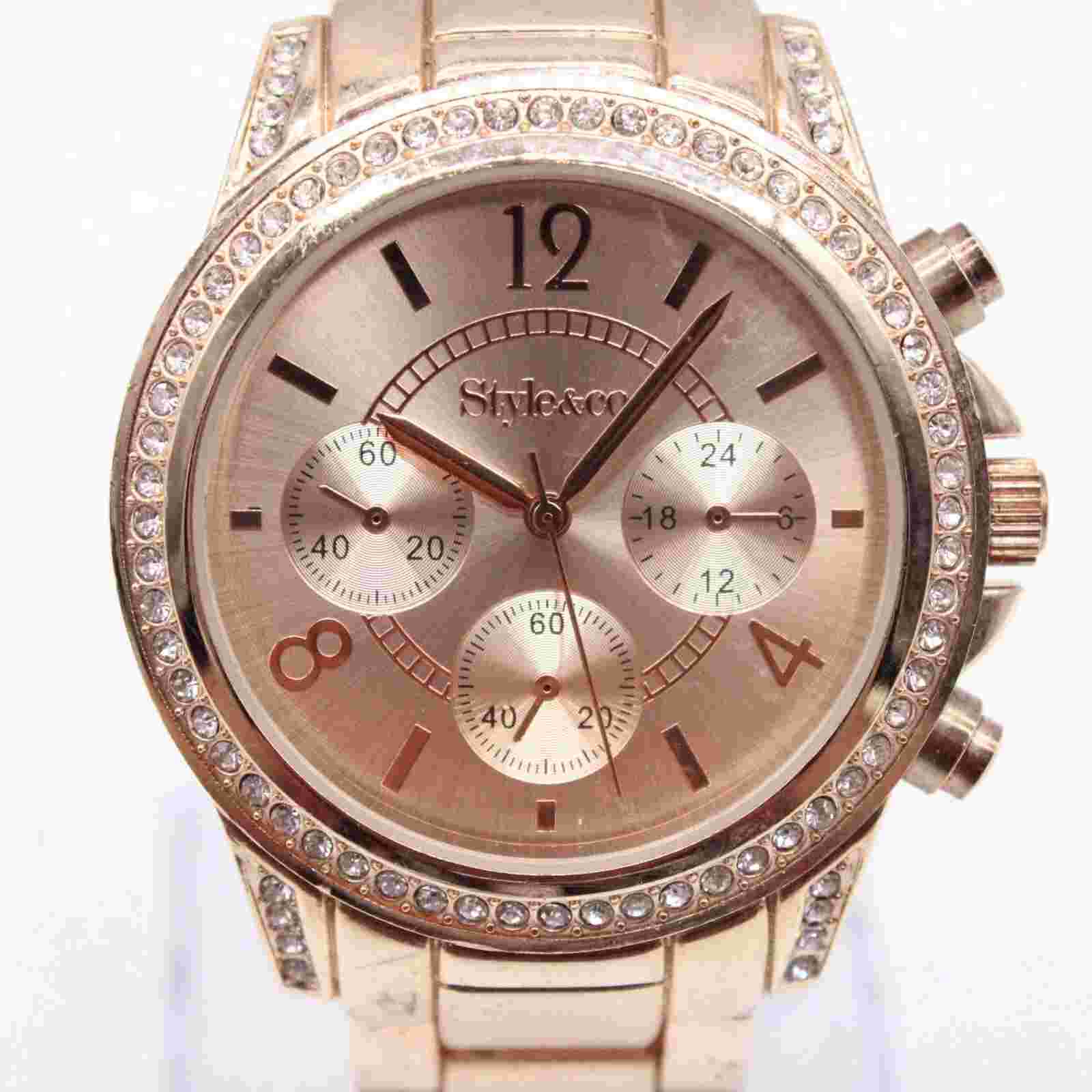 Style & Co Watch Womens Gold Tone Stainless Steel Big Rhinestones Dial Quartz