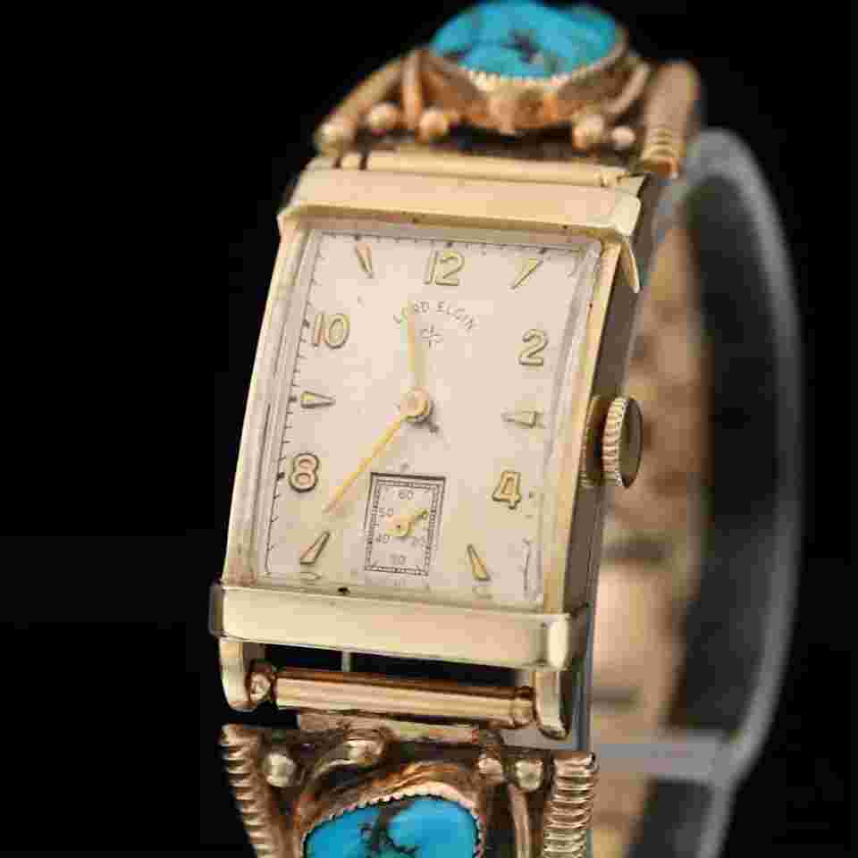 Lord Elgin Men's 14k GF Hand-winding watch w/ 14k Handmade Navajo Turquoise Band