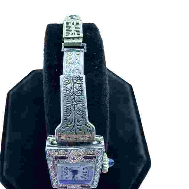Vintage 1920s Glycine Platinum Diamond & Sapphire Watch - Sterling Silver Band