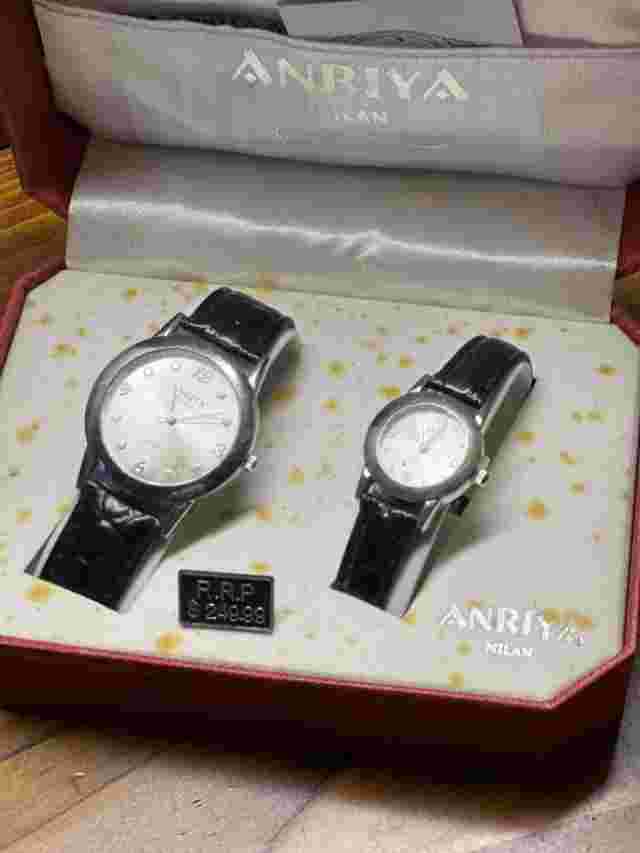 His Hers Matching Watch Silver Black Straps Buckle Closure ANRIYA MILAN NIB Set