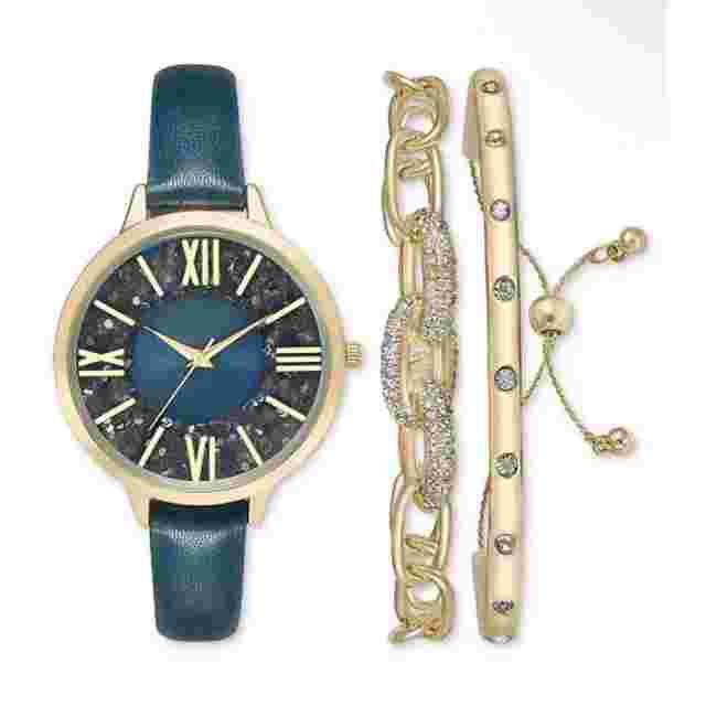 Gold Tone Faux Leather Watch Bracelet (3pc Set) Stunning Style Glitz Trendy Vday