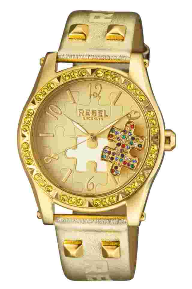 Rebel Women's RB111-9101 Gravesend Crystals Puzzel-Piece Dial Gold Leather Watch