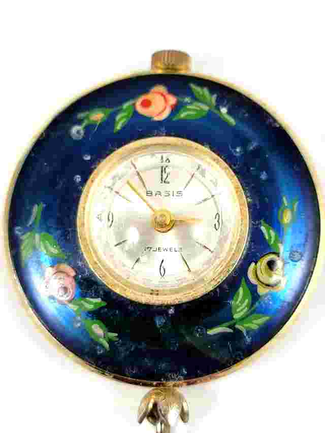 Vintage Basis Hand Painted Pendant Watch 17 Jewel Royal Blue