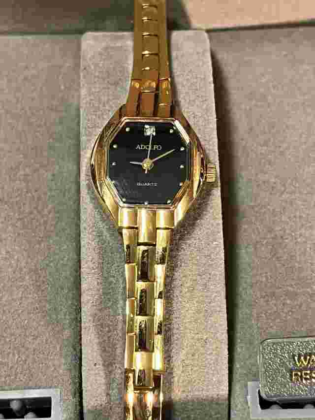 ADOLFO Ladies Wrist Watch Quartz  Gold Tone Black Dial Diamond With Chain W/Case