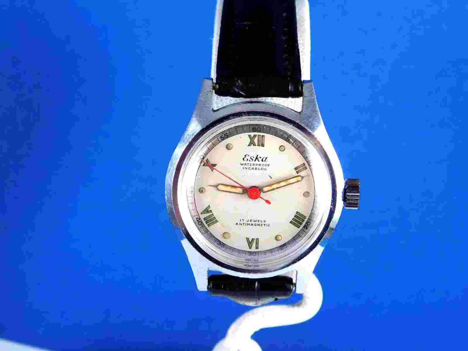 VINTAGE ESKA MILITARY TYPE 17J SWISS STAINLESS MENS WRIST WATCH SERVICED 1940s