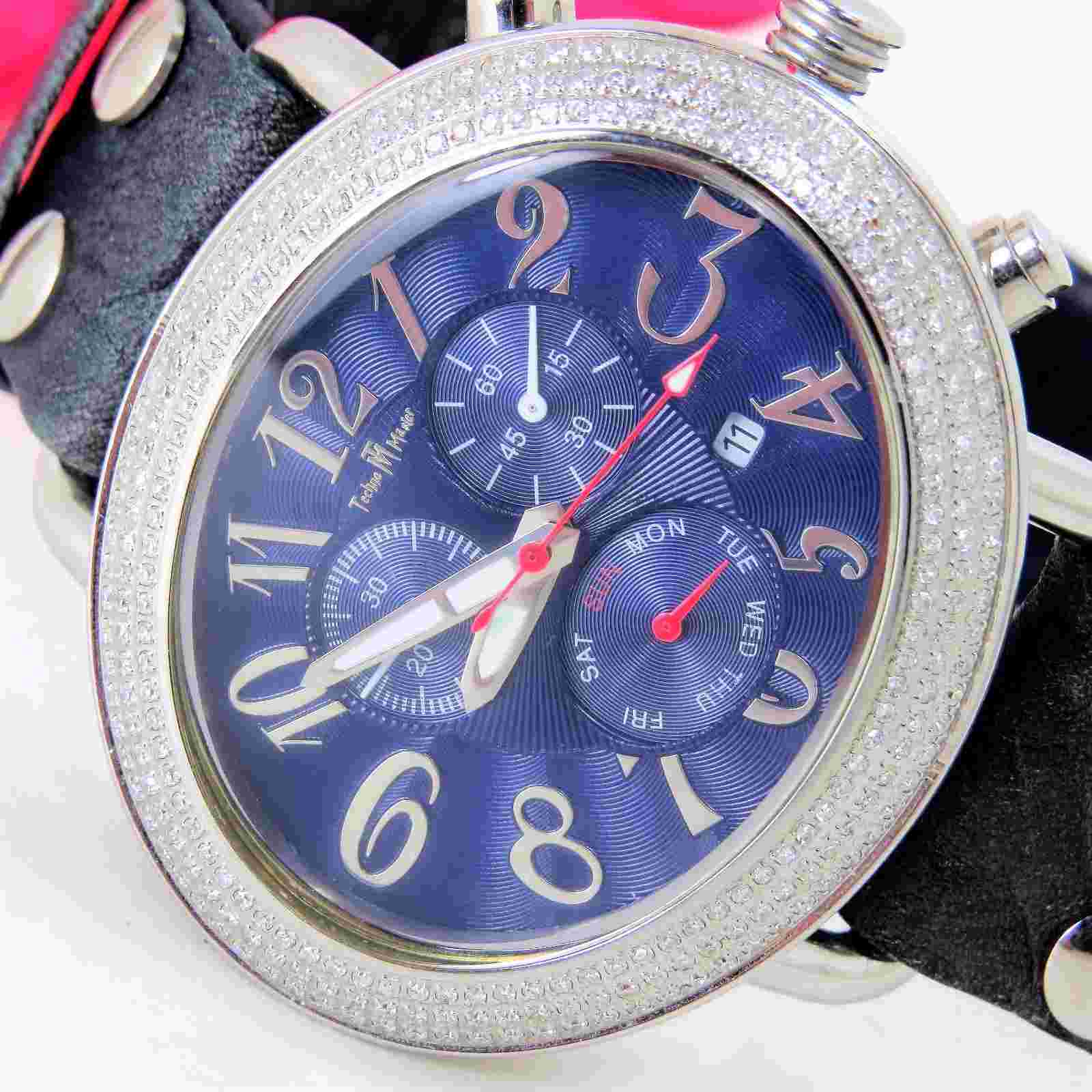 Techno Master Oval Face 4.00 ctw Dia's Blue Chrono watch TM2084 Rare MUST SELL