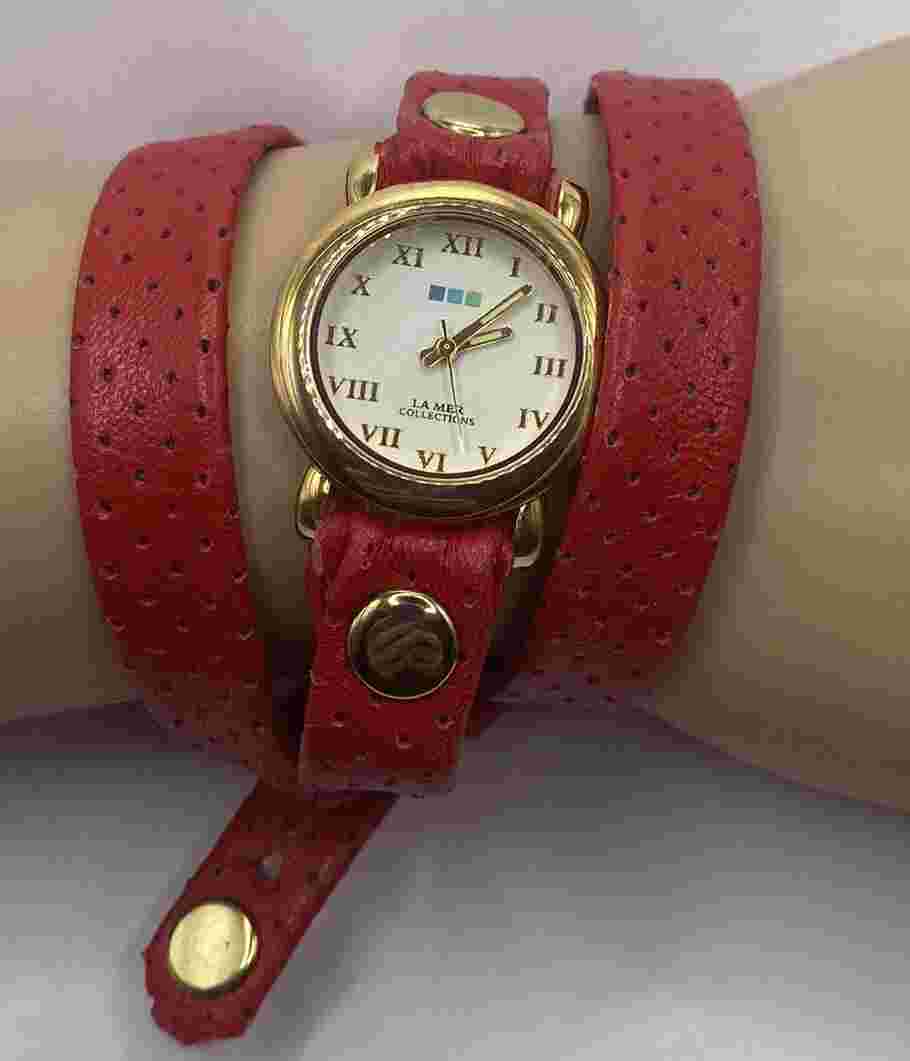 LaMer Collections Red Leather Strap Wrap Watch