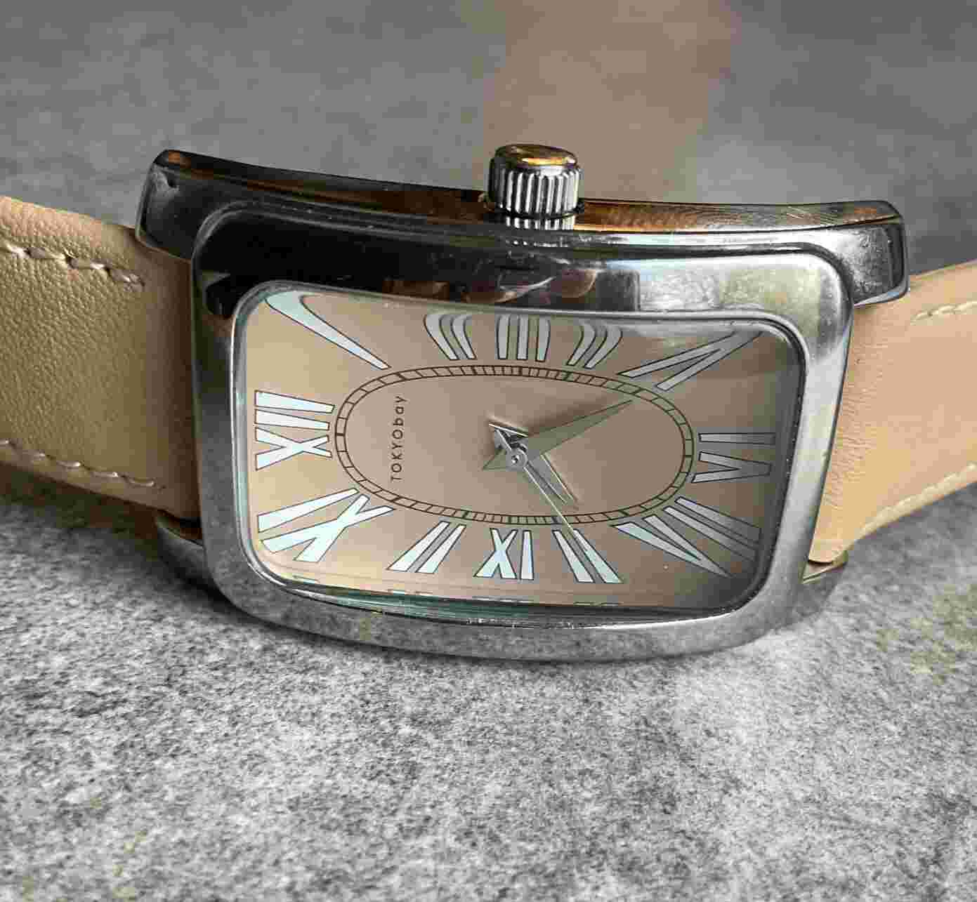 Tokyo Bay Women’s Tank Style Watch 28mm Silver Tone Case Beige Leather Band A3