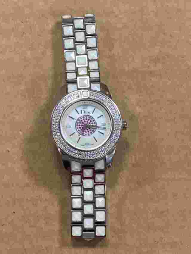 DIOR CHRISTAL MOP PINK SAPPHIRE DIAL DIAMOND BEZEL 28mm SS QUARTZ WATCH.