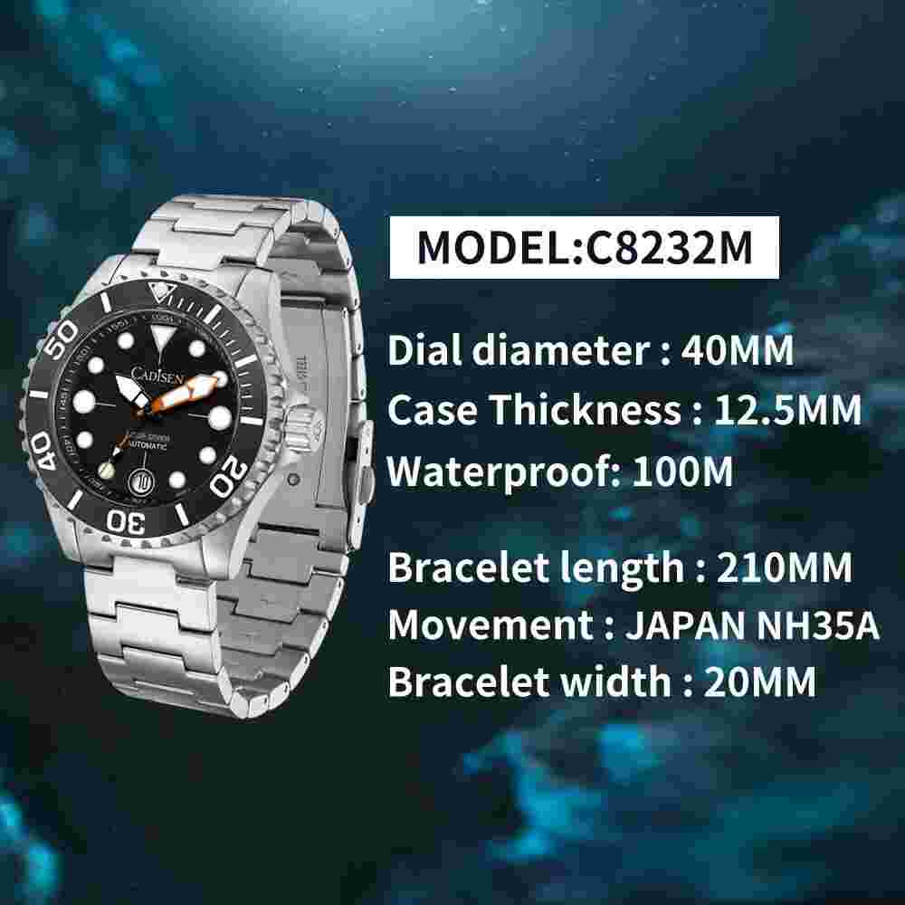 CADISEN AQUA DIVER Mens Watch 100M Automatic Watches For Men Luminous Wristwatch