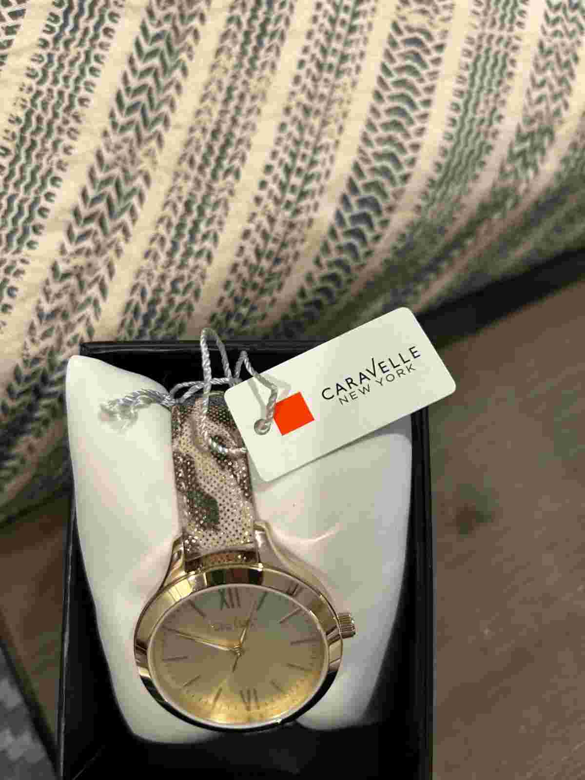Caravelle New York Gold Bezel Watch with Leopard Band