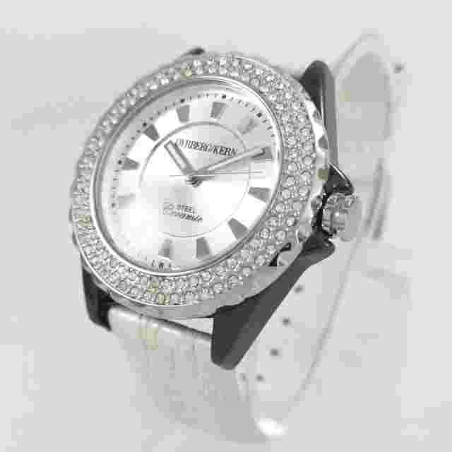 Dyrberg/Kern White Leather Band Ceramic Quartz Diamonds Women's Wrist Watch