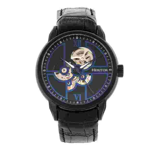 HERITOR Automatic Sanford Semi-skeleton Dial Black Leather Men's Watch Hr8305