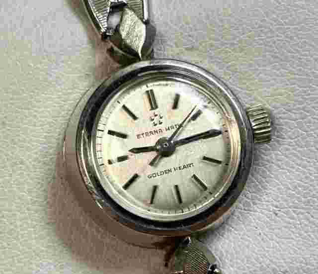 Vintage Ladies Eterna-Matic Golden Heart 14k White Gold Watch Running