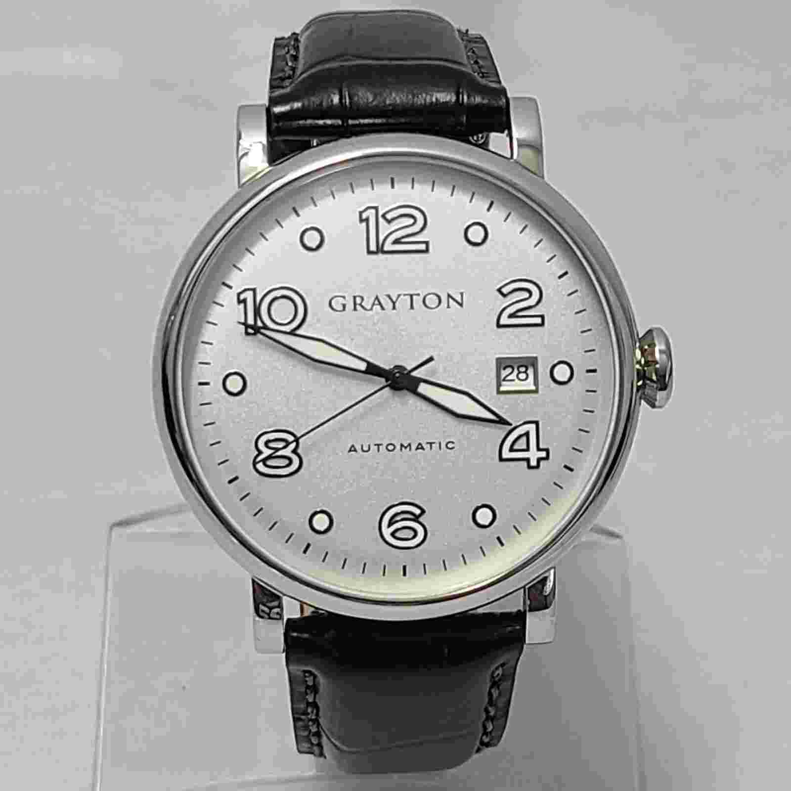 Grayton Silver dial Automatic watch 44mm Black Leather Strap Card NH35A 24 JEWEL
