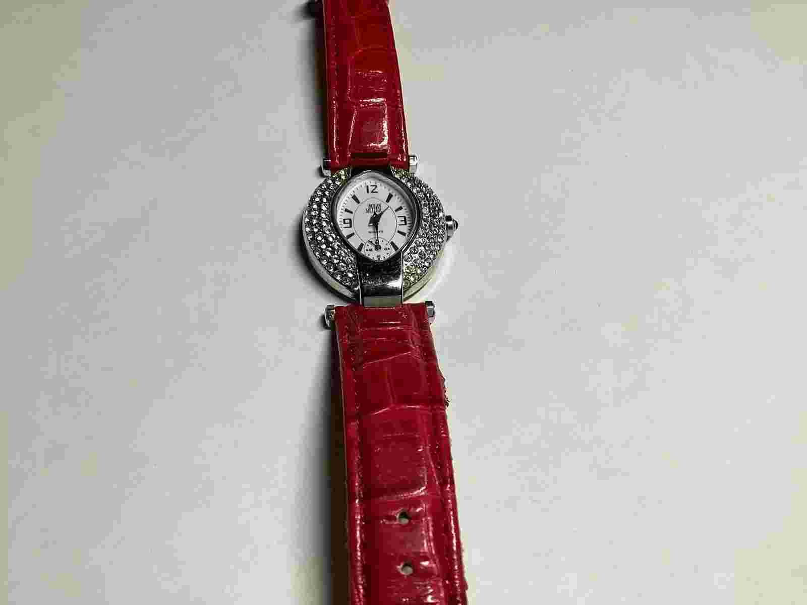 Nolan Miller Watch Women Silver Tone Crystal Red Leather Band New Battery Vtg FS