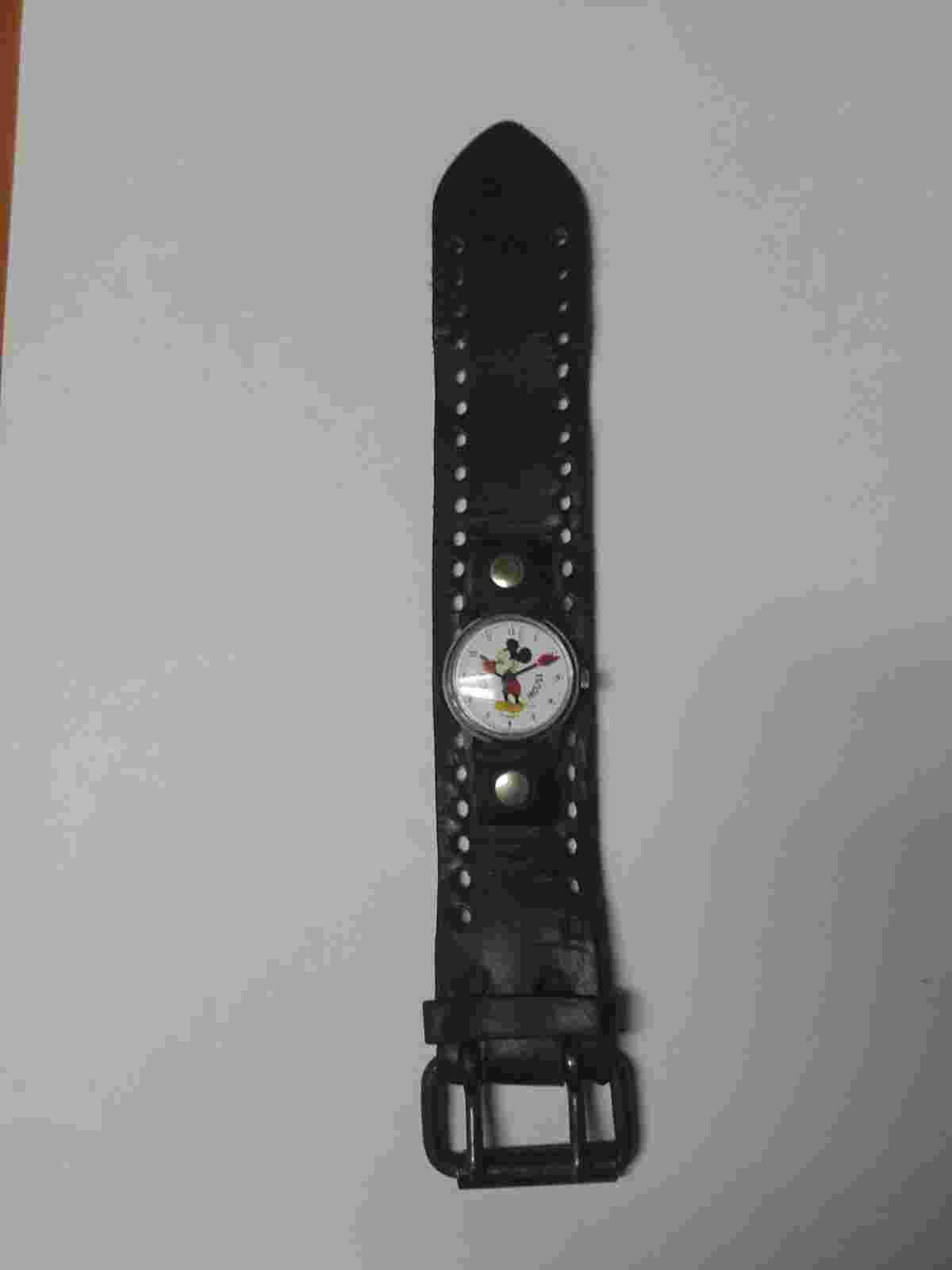 Vintage SWISS MADE  Mickey Mouse Watch w RED HANDS w/ Leather Strap. RARE.