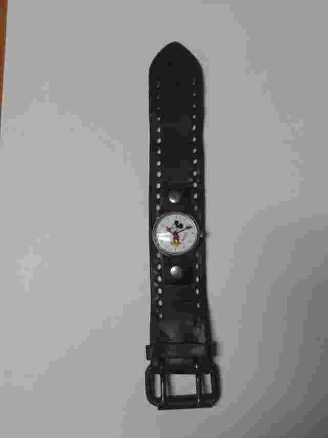 Vintage SWISS MADE  Mickey Mouse Watch w RED HANDS w/ Leather Strap. RARE.