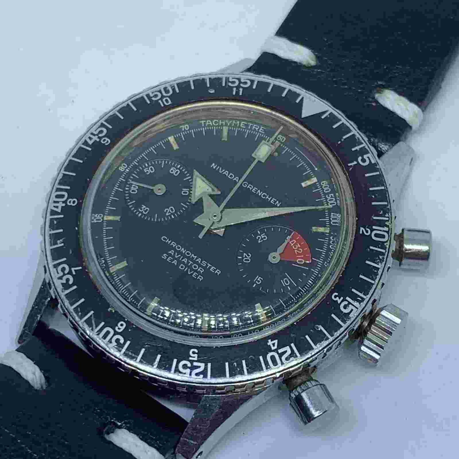 VINTAGE NIVADA GRENCHEN AVIATOR SEADIVER MANUAL WIND CHRONOGRAPH BROAD ARROW