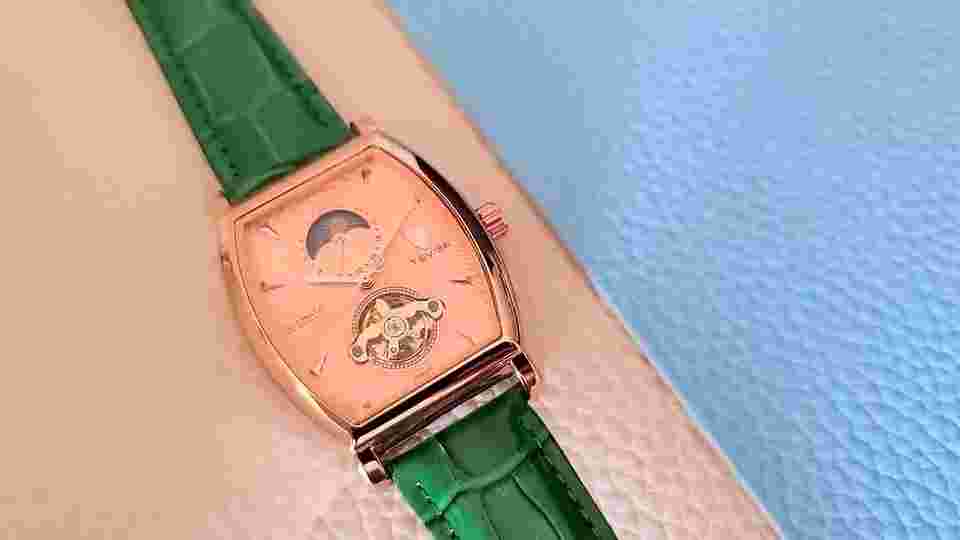Mens Rose Gold Moon Phase Automatic Mechanical Watch Green Leather 24HR Dial