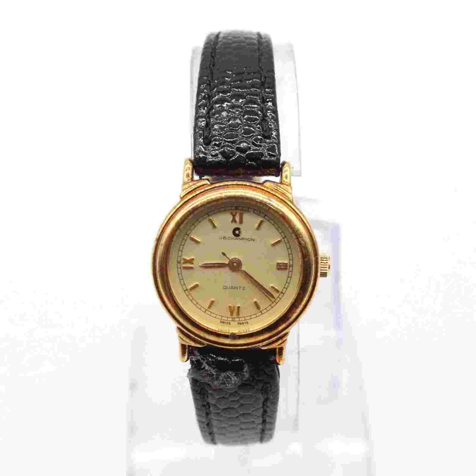 J.B Champion Watch Womens Gold Tone Stainless Steel Real Leather Band Gold Dial
