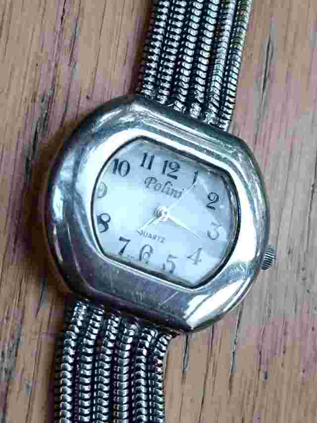 Polini pearl dial women's rectangular silver tone bracelet watch