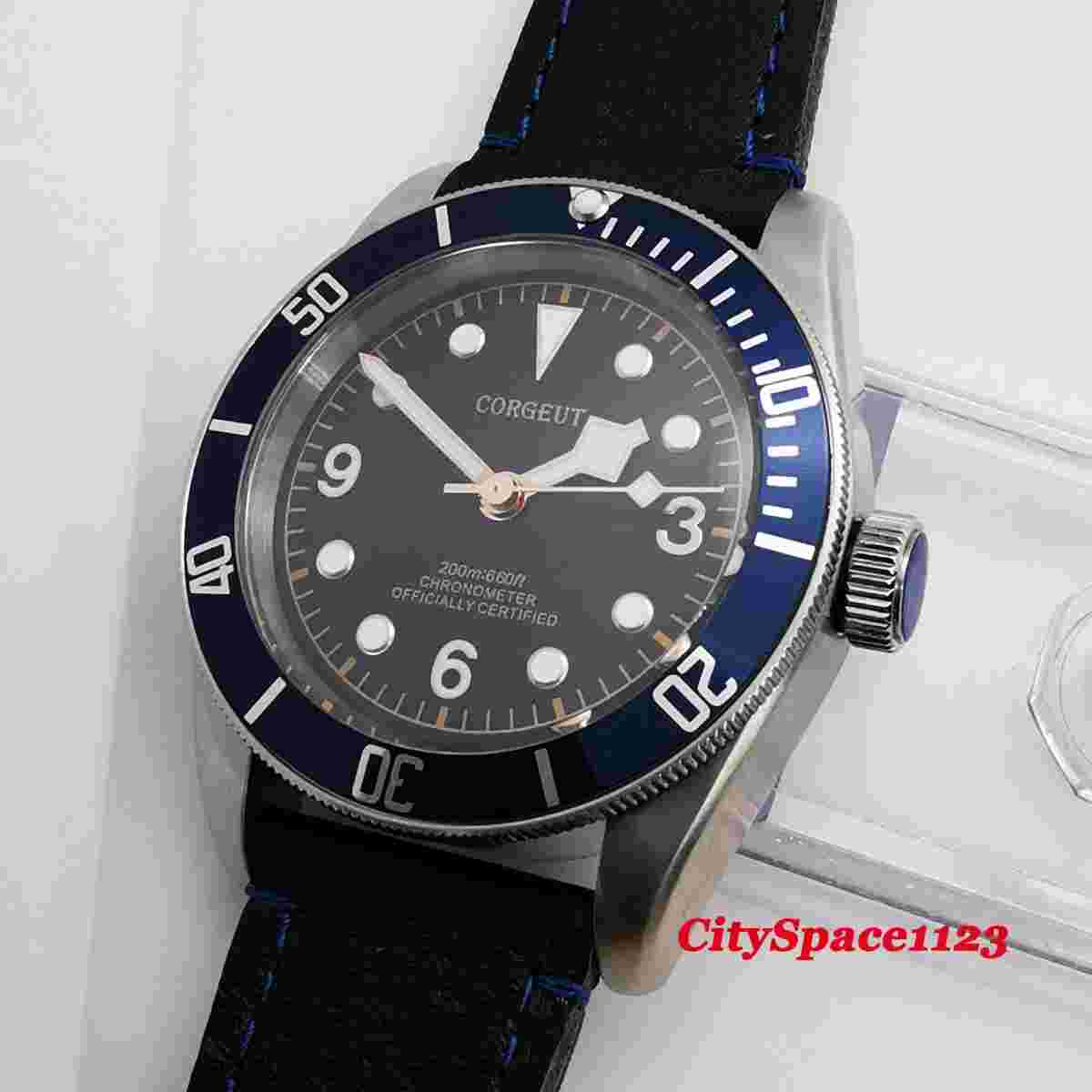 Sapphire Glass 41mm Corgeut Automatic Men's Wristwatch Blue Bezel Leather Strap
