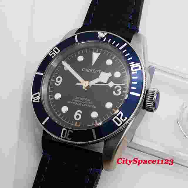 Sapphire Glass 41mm Corgeut Automatic Men's Wristwatch Blue Bezel Leather Strap
