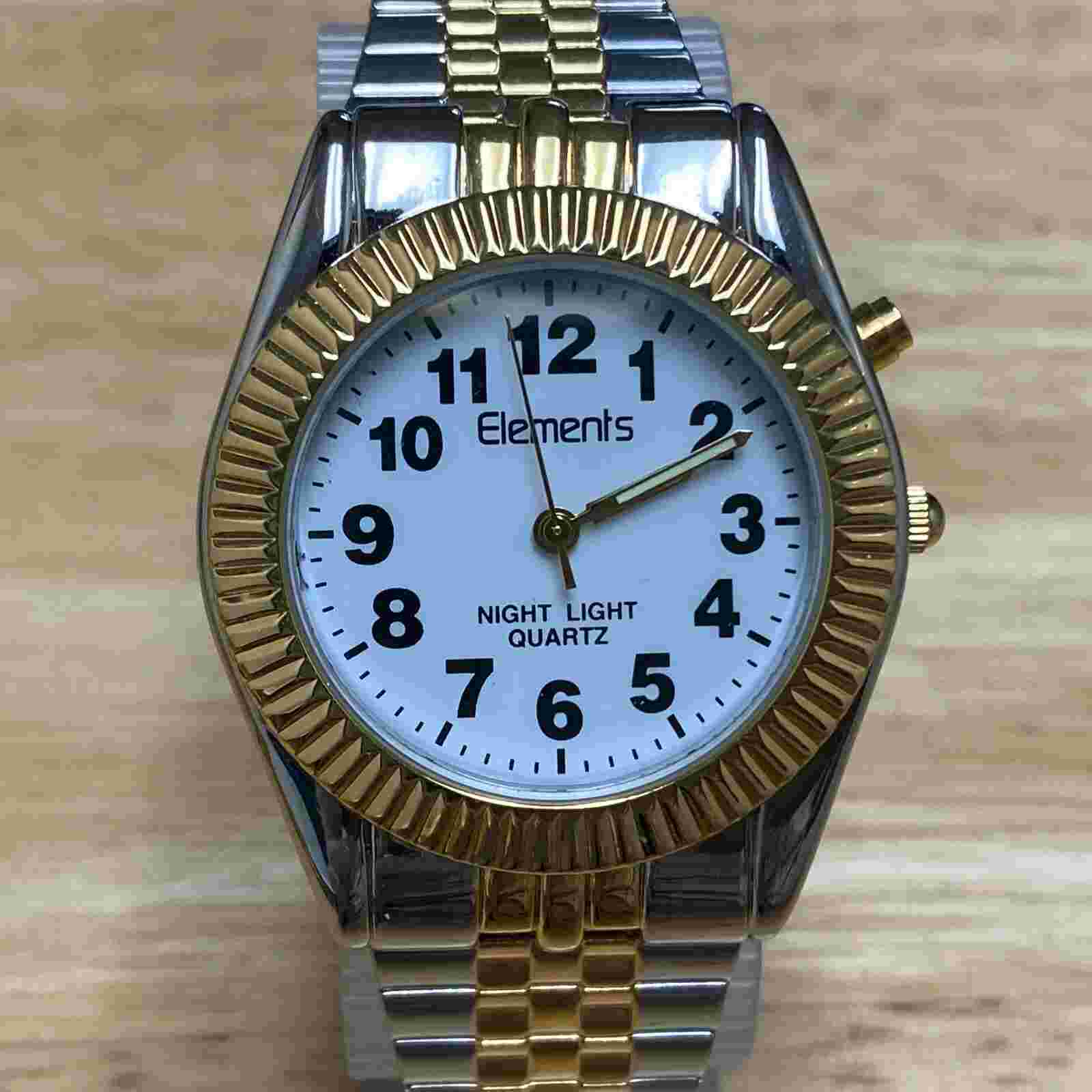 Vintage Elements Men Dual Tone White Fluted Bezel Analog Quartz Watch~New Batter